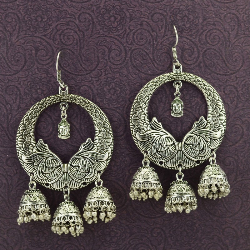 Oxidized Silver Toned Earrings With Floral Touch