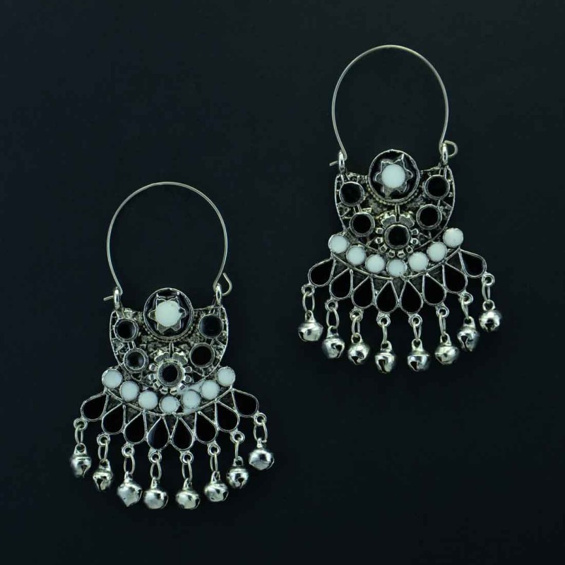 Oxidized Silver Toned Chandbalis With Bell Drops In Black