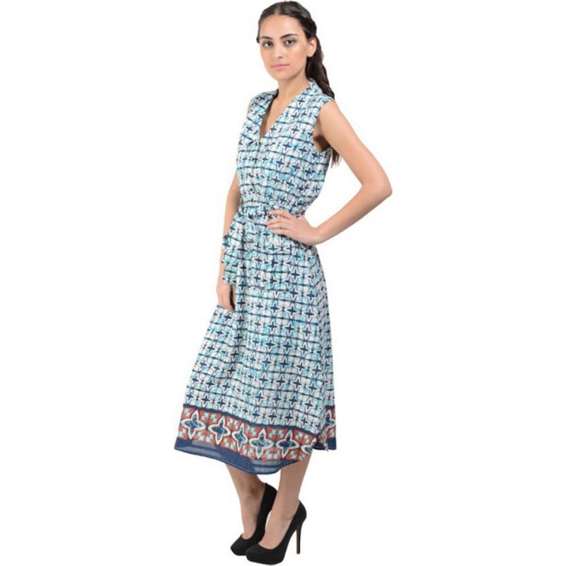 Blue Cotton Cambric Printed Sleeveless Maxi Dress By Shipgig