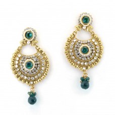 Gold Plated Studded Chandbalis In Green Stone