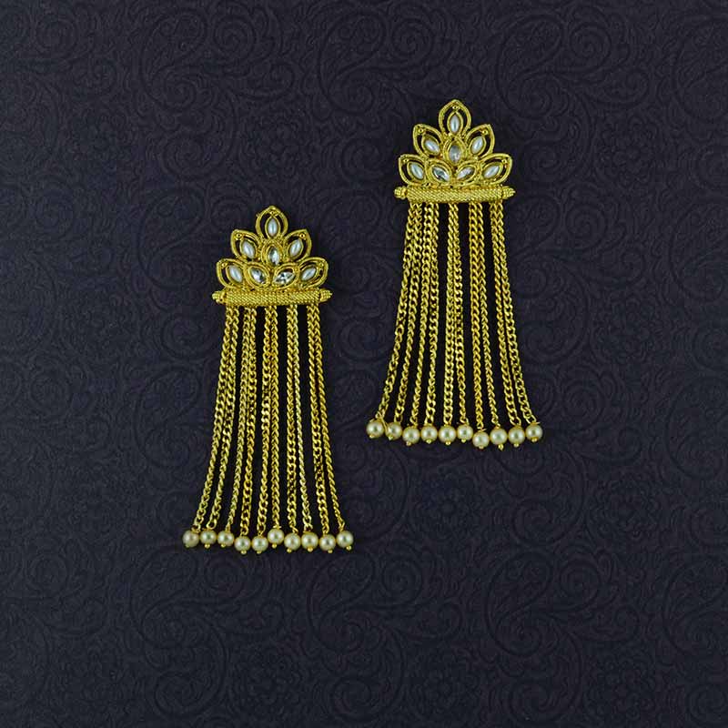 Gold Plated Long Chain Tassel Earrings With Multiple Pearls
