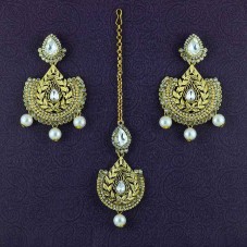 Gold Plated Maang Tikka With Pair Of Drop Earrings