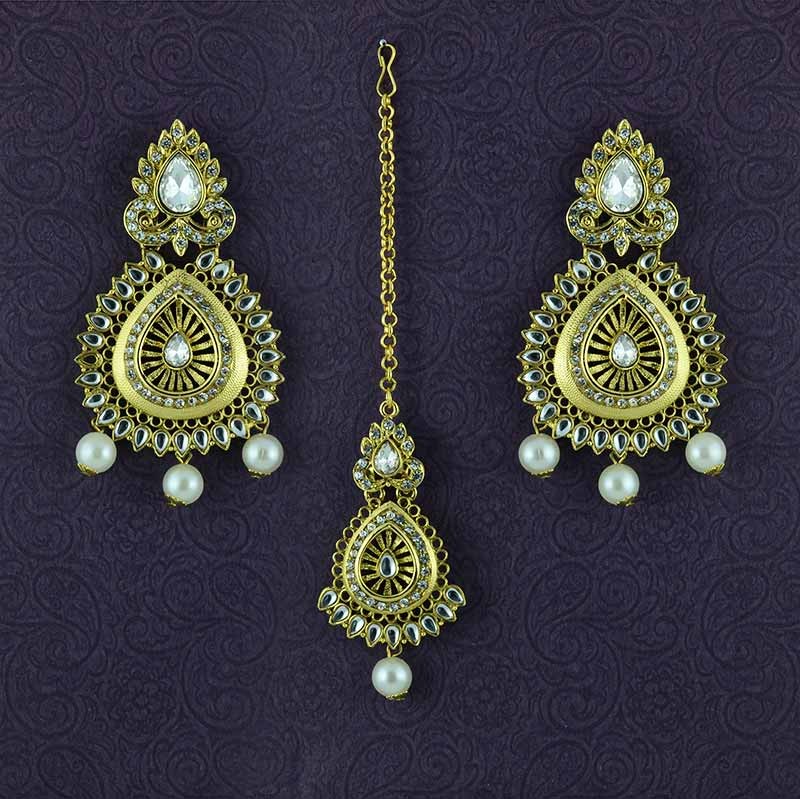 Gold Plated Embellished Maang Tikka With Pearls Drop Earrings