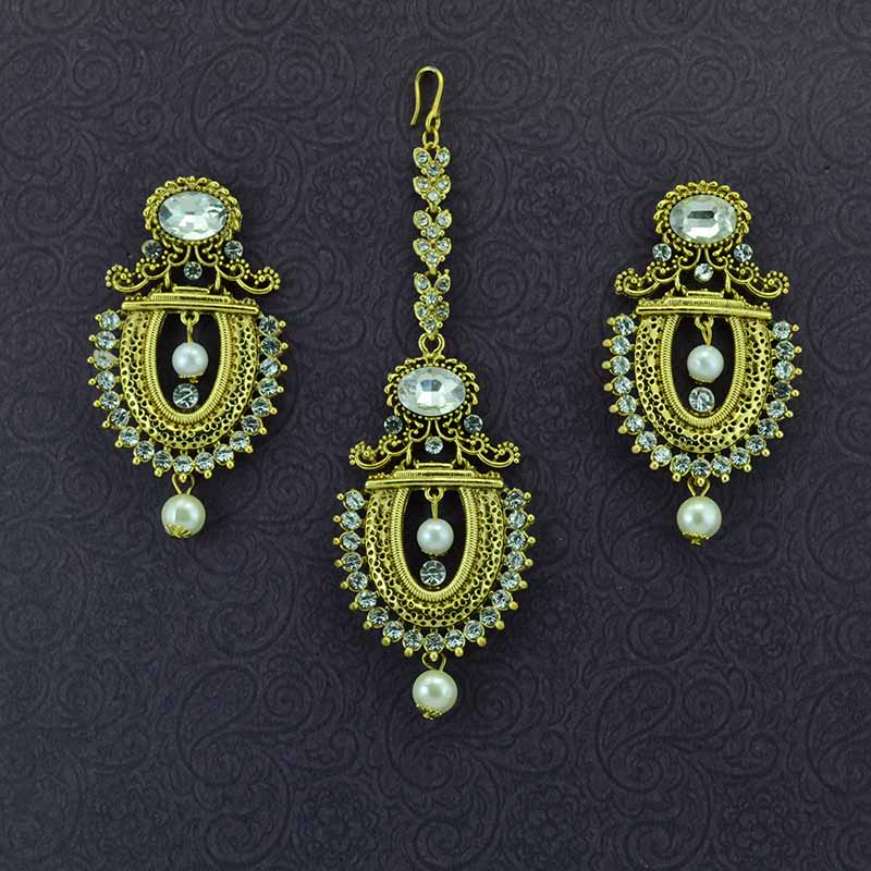 Gold Plated Maang Tikka With Pair Of Pearl Earrings
