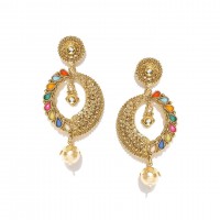 Drop Earrings With Colorful Kundan And Shinny Pearl