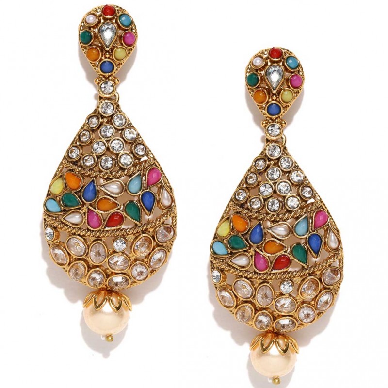 Gold Plated Stone Studded Multicolored Kundan Earrings