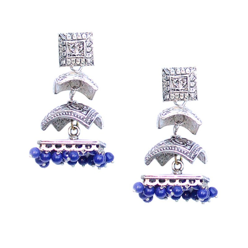 Silver Plated Multiple Blue Stone Jhumki Earrings