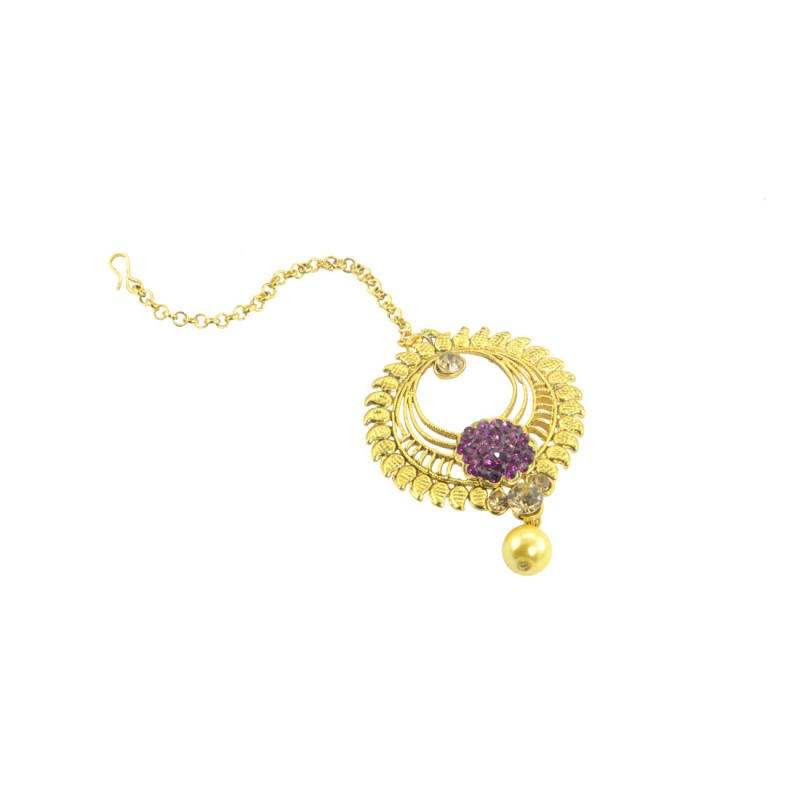 Gold Plated Designer Maang Tikka With Purple Stones