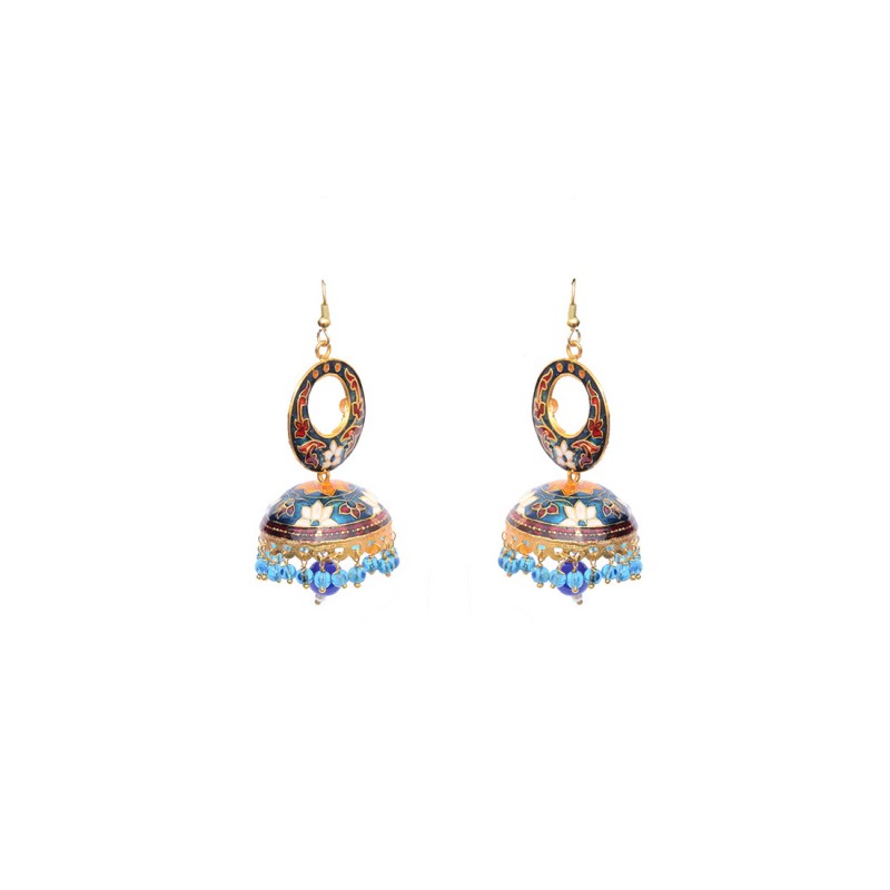 Gold Plated Enamel Jhumkas With Drop Pearls