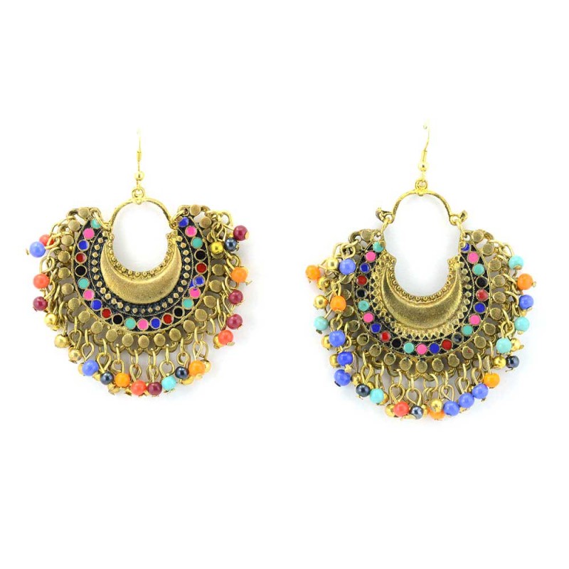Golden Plated Chandbalis With Multicolor Pearls.
