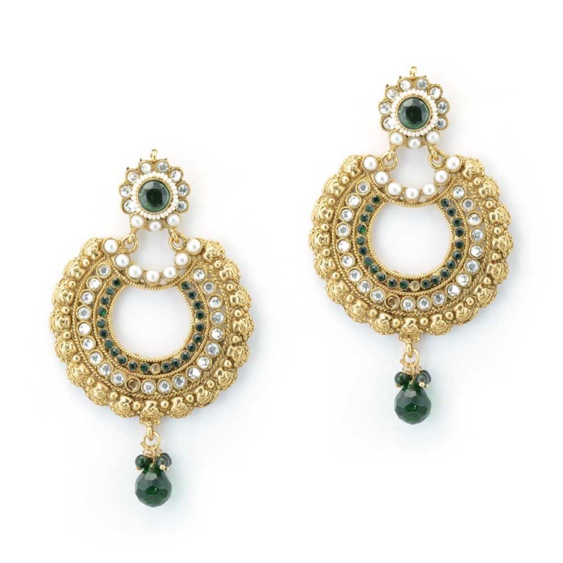 Beautiful Designer Gold Plated Studded Chandbalis With Green Tear-Drop