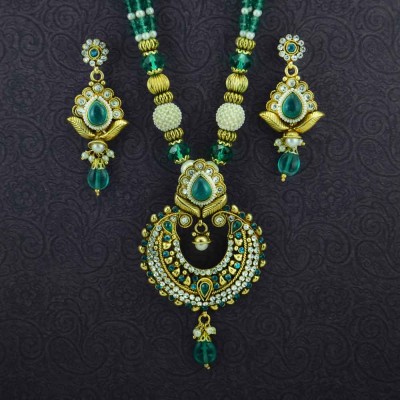 Gold Plated Green Stone Pearl Necklace Set