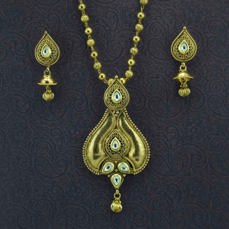 Gold Plated White Stone Necklace Set With Dangler Earrings