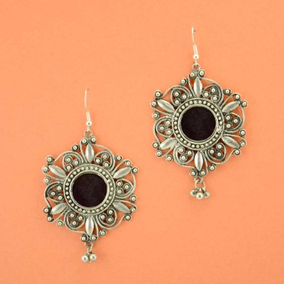 Oxidised Silver Plated Earrings With Black Glass