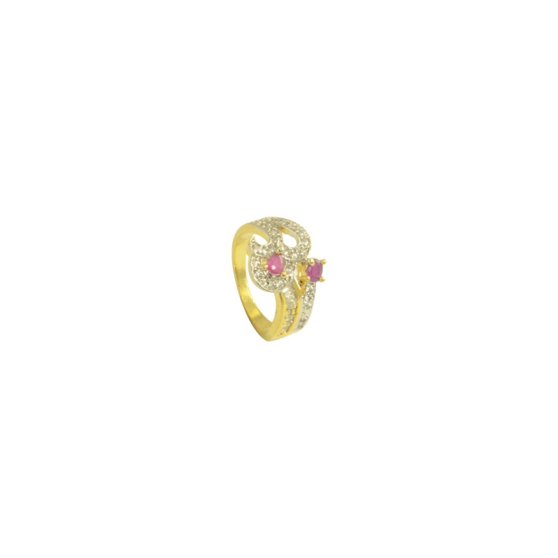 Antique Gold Plated AD Studded Ring In Pink Color