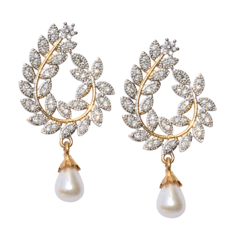 Ethnic pearl jhumka earrings with white stones
