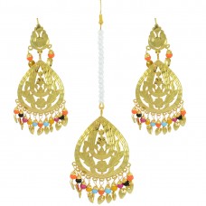 Golden Copper Maang Tikka And Earrings