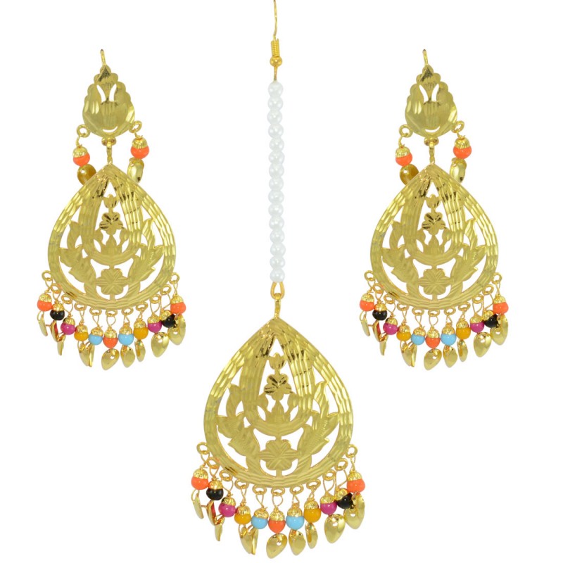 Golden Copper Maang Tikka And Earrings