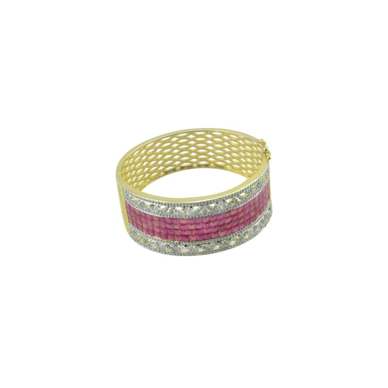 Gold Plated Studded American Diamond kada In Pink Color