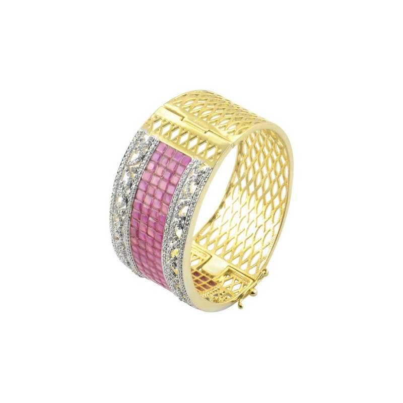 Gold Plated Studded American Diamond kada In Pink Color