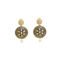 Floral Design Kundan Earrings  In Black