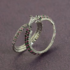 Silver Plated Hoop Earrings With Pink And Green Stone