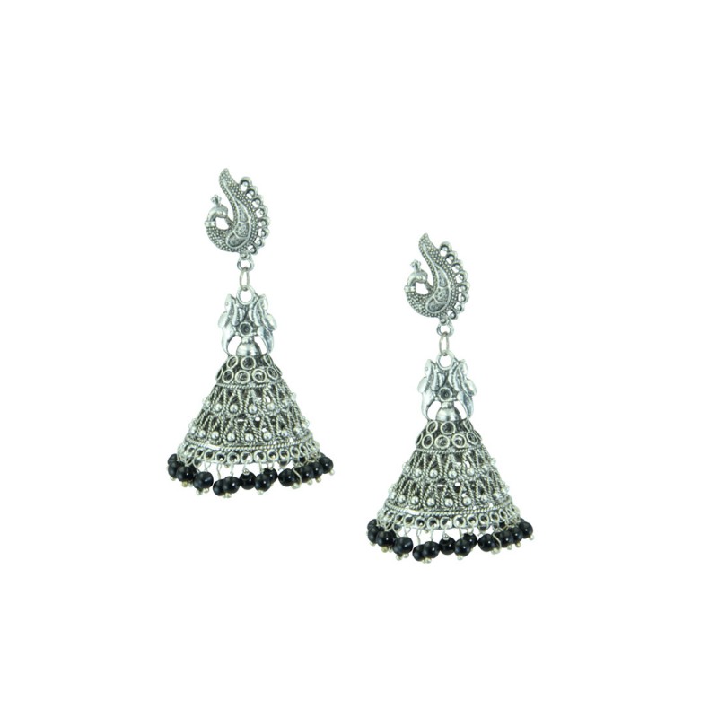 Silver Plated Designer Jhumki Earrings In Black Color