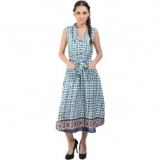 Blue Cotton Cambric Printed Sleeveless Maxi Dress By Shipgig