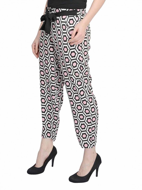Black White Pink Printed Crepe Trouser By Shipgig