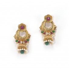 Gold Plated Jhumkas With Multicoloured Kundan And Synthetic Pearls