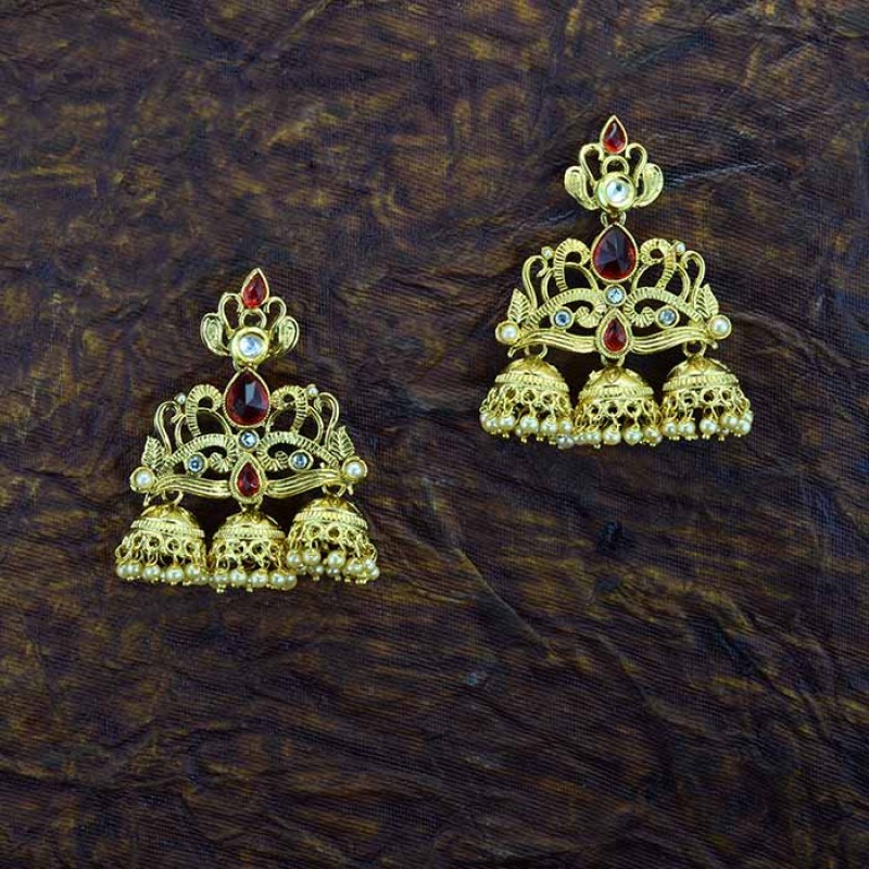 3-In-1 Golden  jhumki Earring With Red Stones