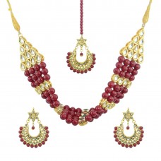 Designer Pearls Necklace Set In Maroon Color