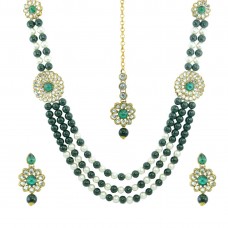 Designer Pearls And Kundan Necklace Set In Green Color