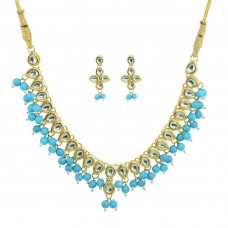 Designer Pearl And Kundan Necklace Set In Sky Blue Color
