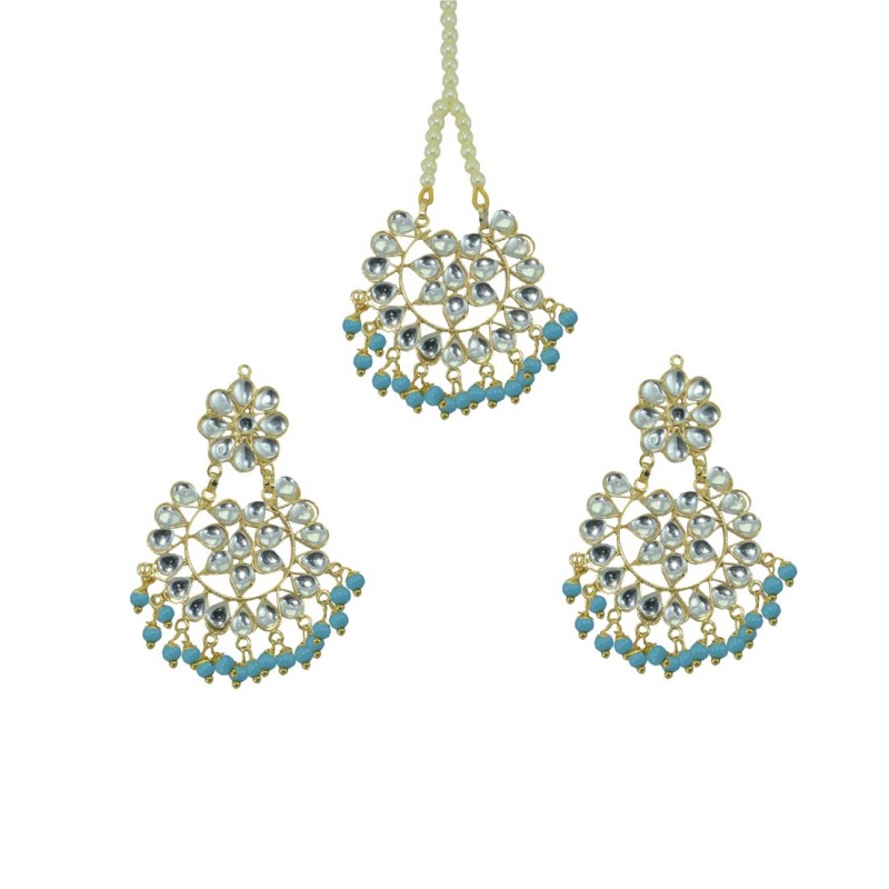 Designer Maang Tikka And Pair Of Earring With Sky Blue Pearls