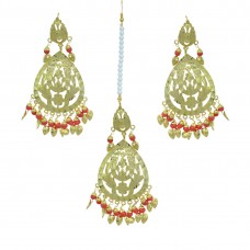 Beautiful Red Color Gold Plated Maang Tikka With Earring Set