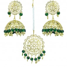 Traditional Green Color Gold Plated Maang Tikka  With Earring Set