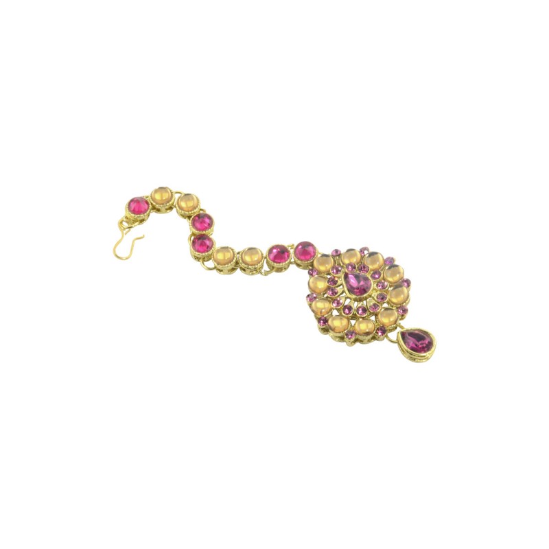 Designer Gold Plated Maang Tikka With Pink Stone