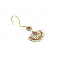 Gold Plated Maang Tikka With Shinny Pearls And Red Stones