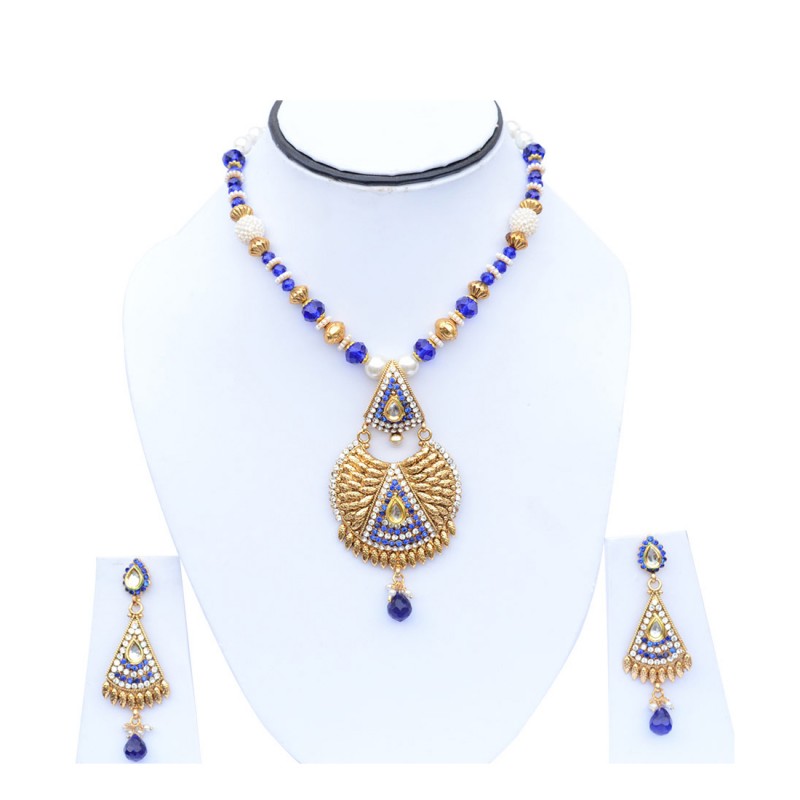  Blue Golden Plated Necklace Set With White Pearls