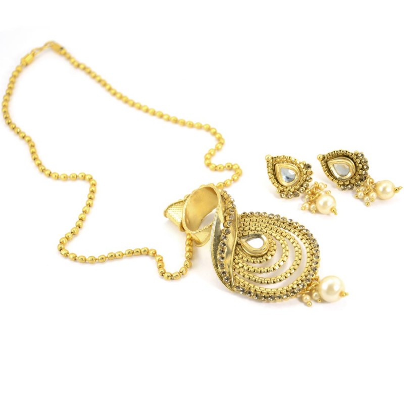 Golden Necklace Set With Drop Pearl Earrings