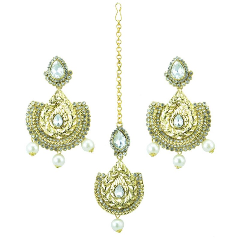 Gold Plated Maang Tikka With Pair Of Drop Earrings