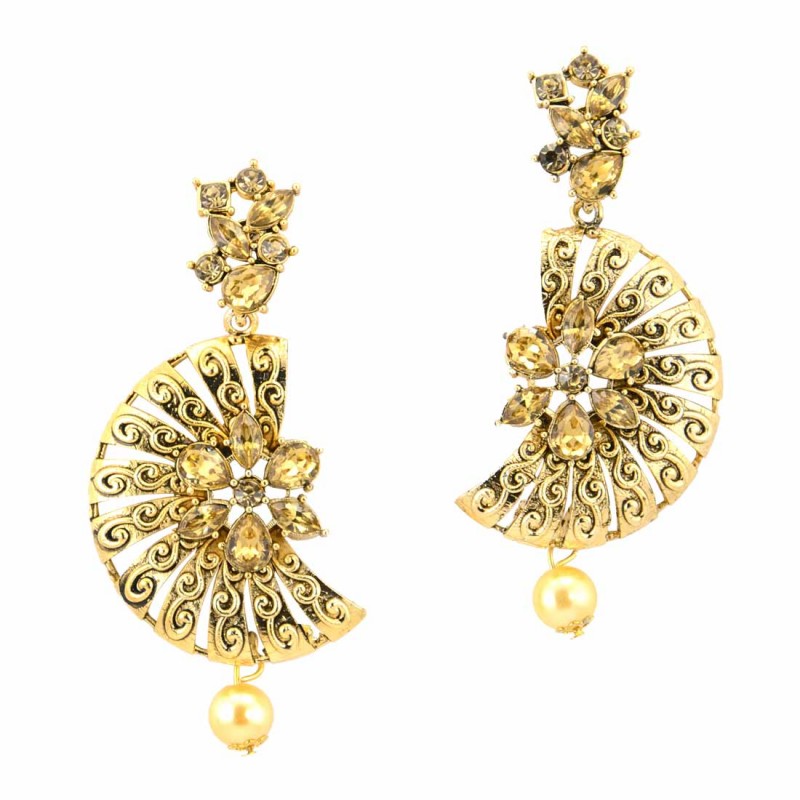 Gold Plated Designer Stone Studded Earrinng In Moon Shape