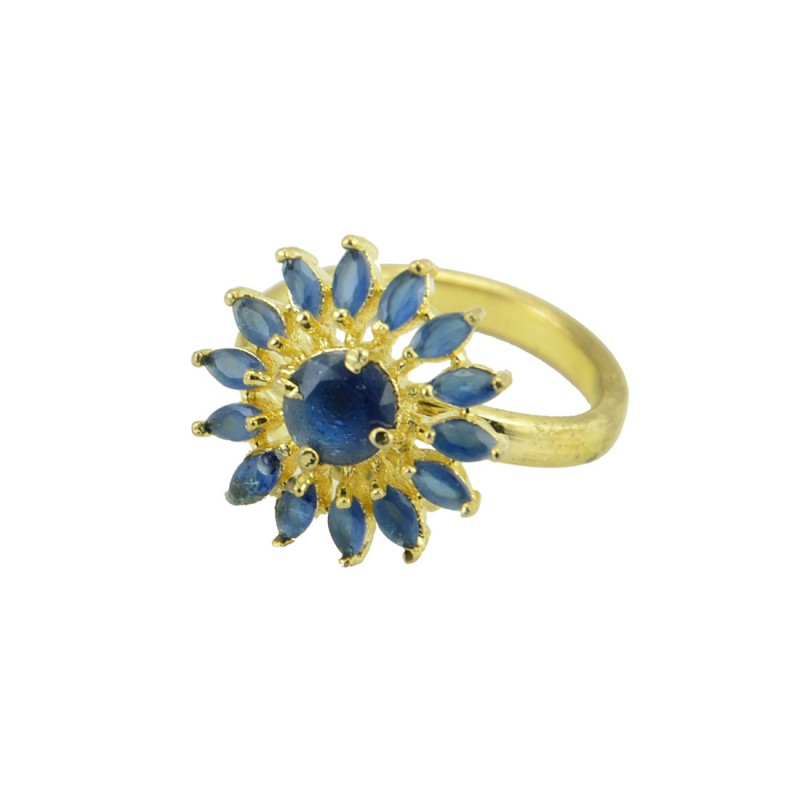 Flower Shaped Gold Plated Finger Ring In Blue Stone