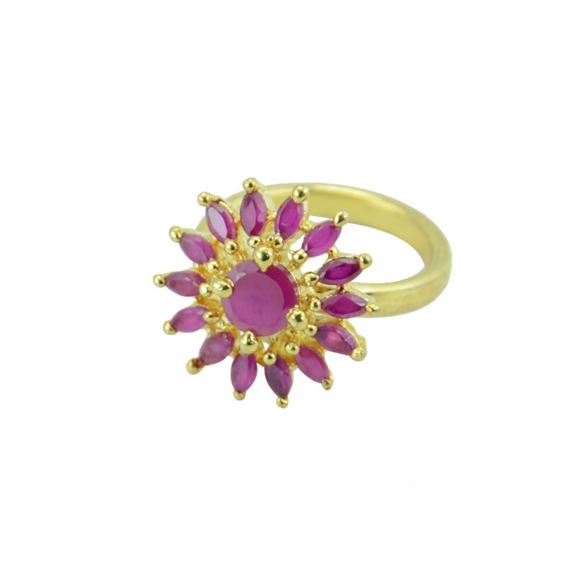 Gold Plated Floral Stone Studded Ring In Pink