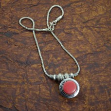 Metal Plated Chain Pendant With Red Bead