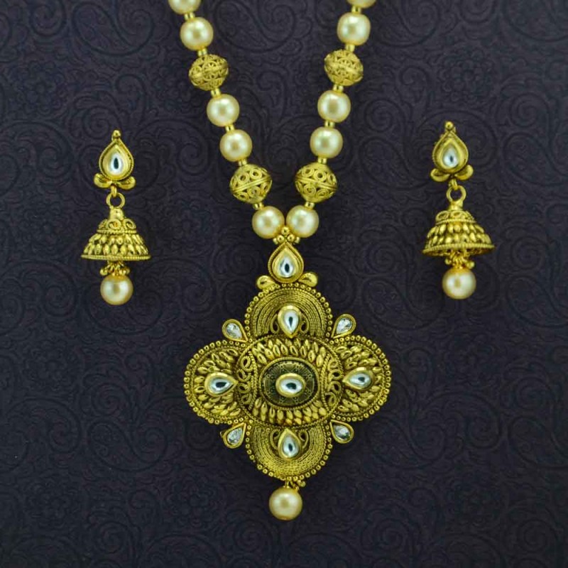 Gold Plated Beaded Necklace With Drop Jhumki Earrings