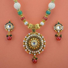 Red & Green Stone Pearl Floral Design Gold Plated Necklace Set