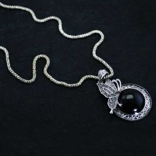 Silver Plated Butterfly Pendant With Black Stone