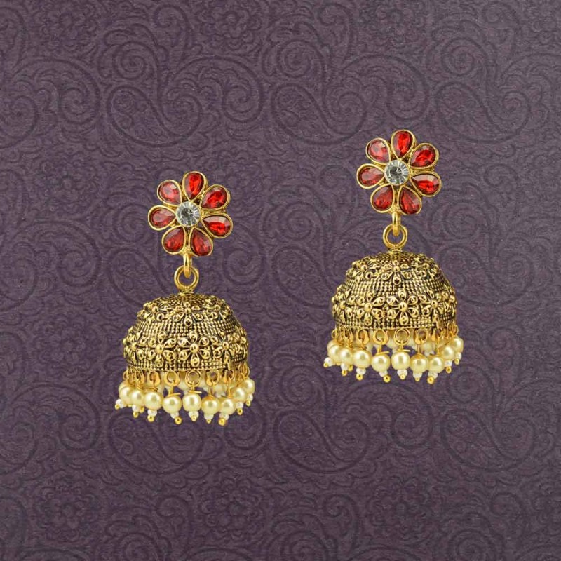 Gold Plated Stone Jhumki Earring With Red Stones